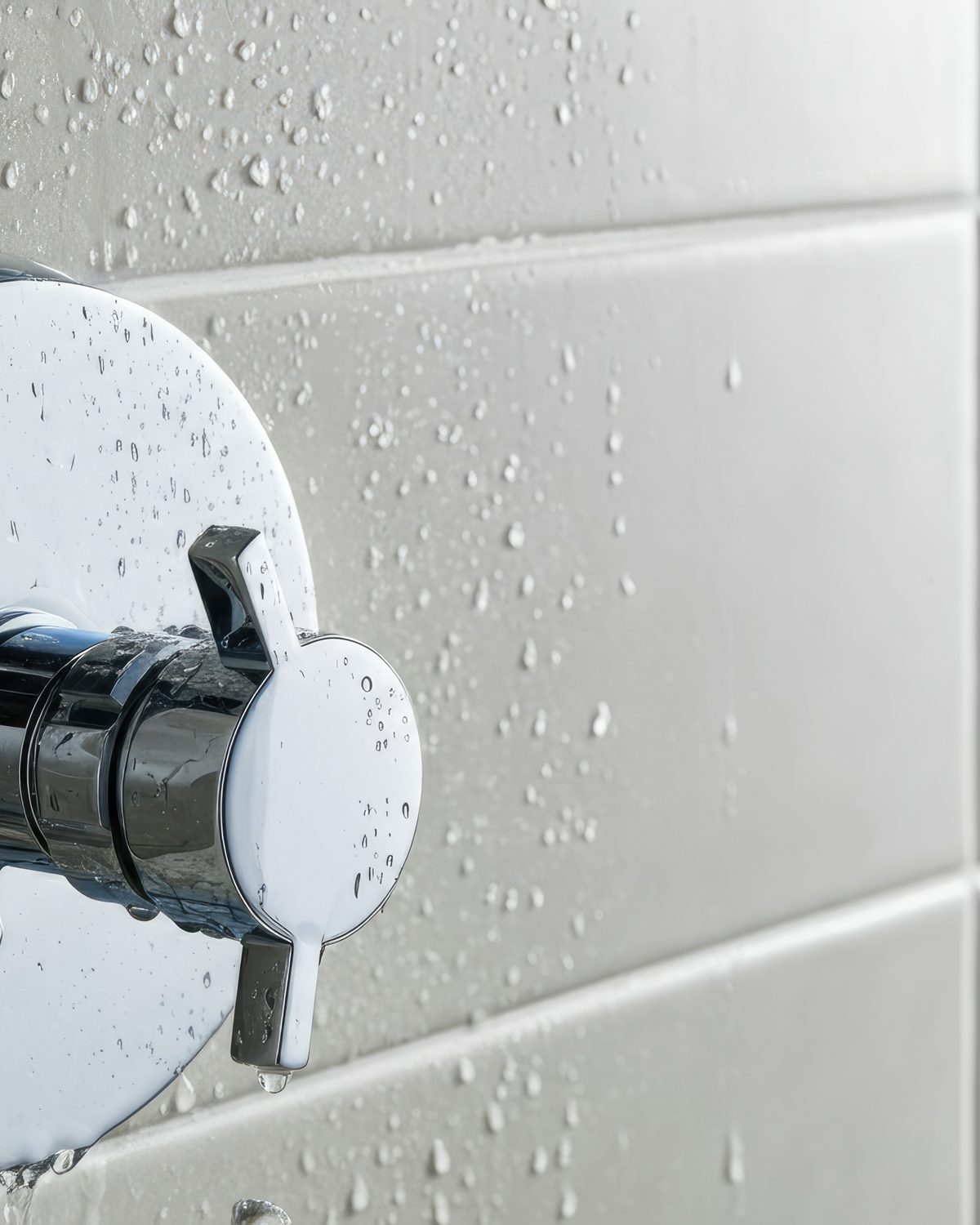 Shower control knob on a wet tiled wall